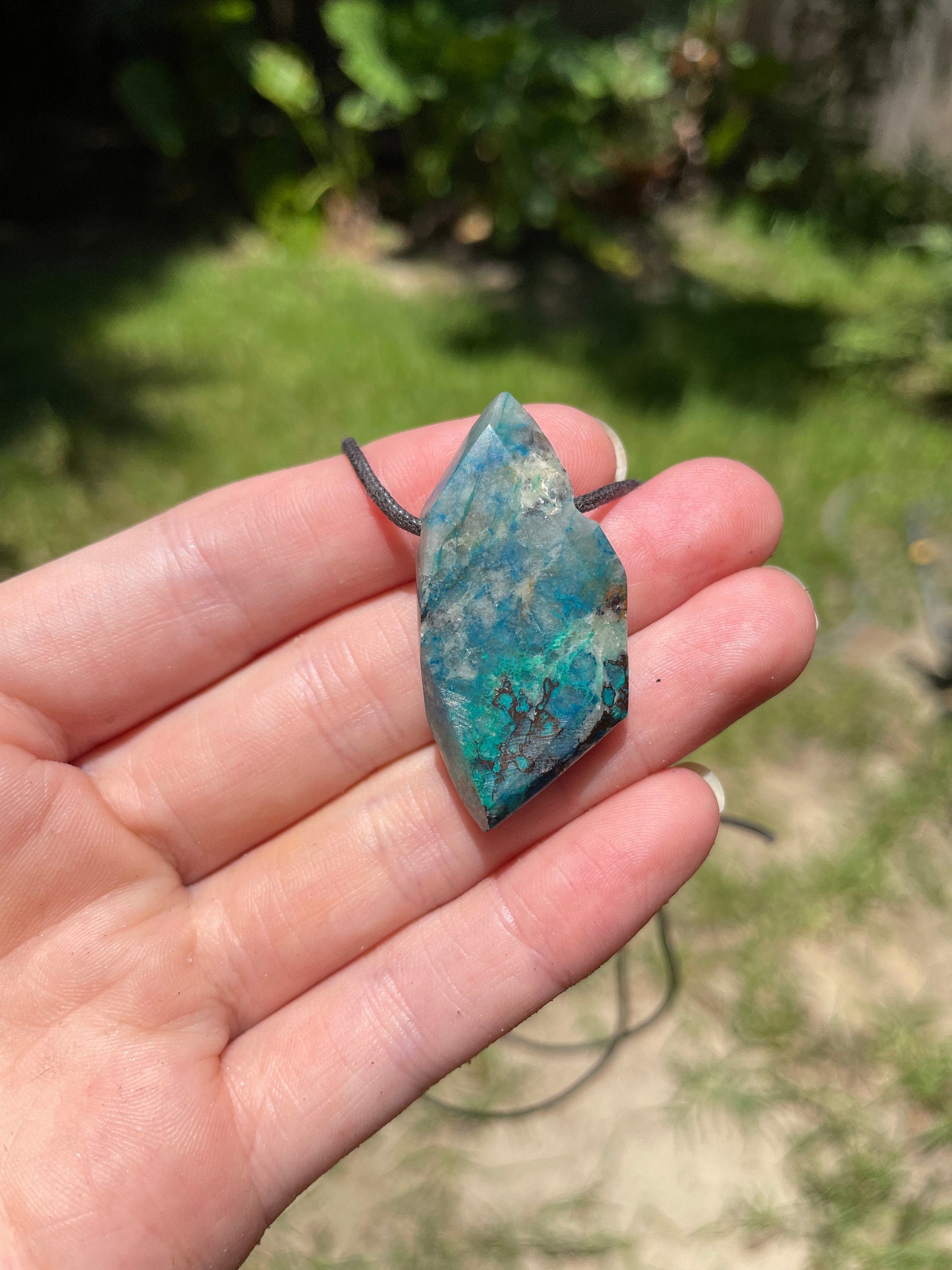 Polished and Drilled Blue Shattakite With Some Hematite, Malachite, and Chrysocolla 42mm" long Pendant/Necklace From Shaba Zaire