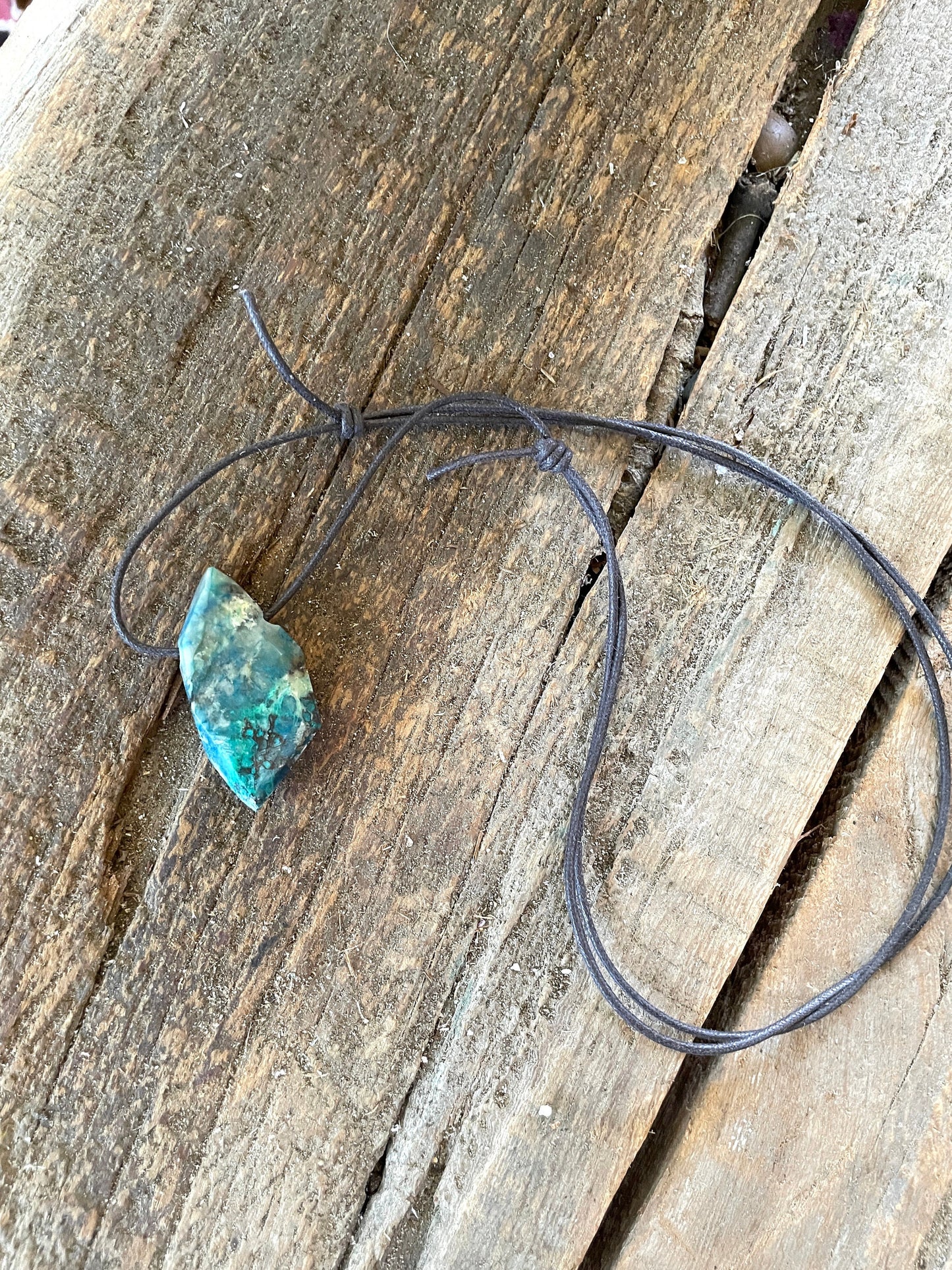 Polished and Drilled Blue Shattakite With Some Hematite, Malachite, and Chrysocolla 42mm" long Pendant/Necklace From Shaba Zaire