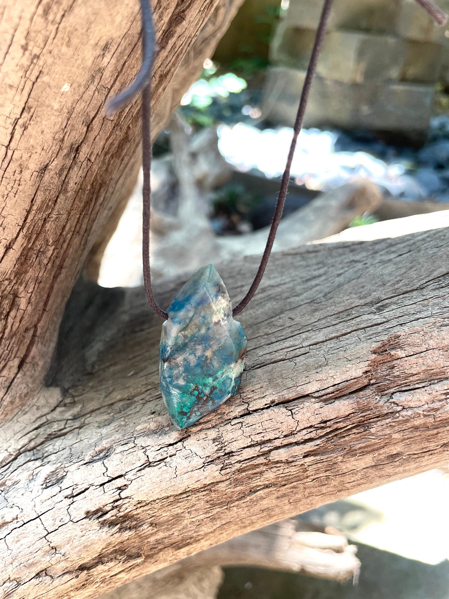 Polished and Drilled Blue Shattakite With Some Hematite, Malachite, and Chrysocolla 42mm" long Pendant/Necklace From Shaba Zaire