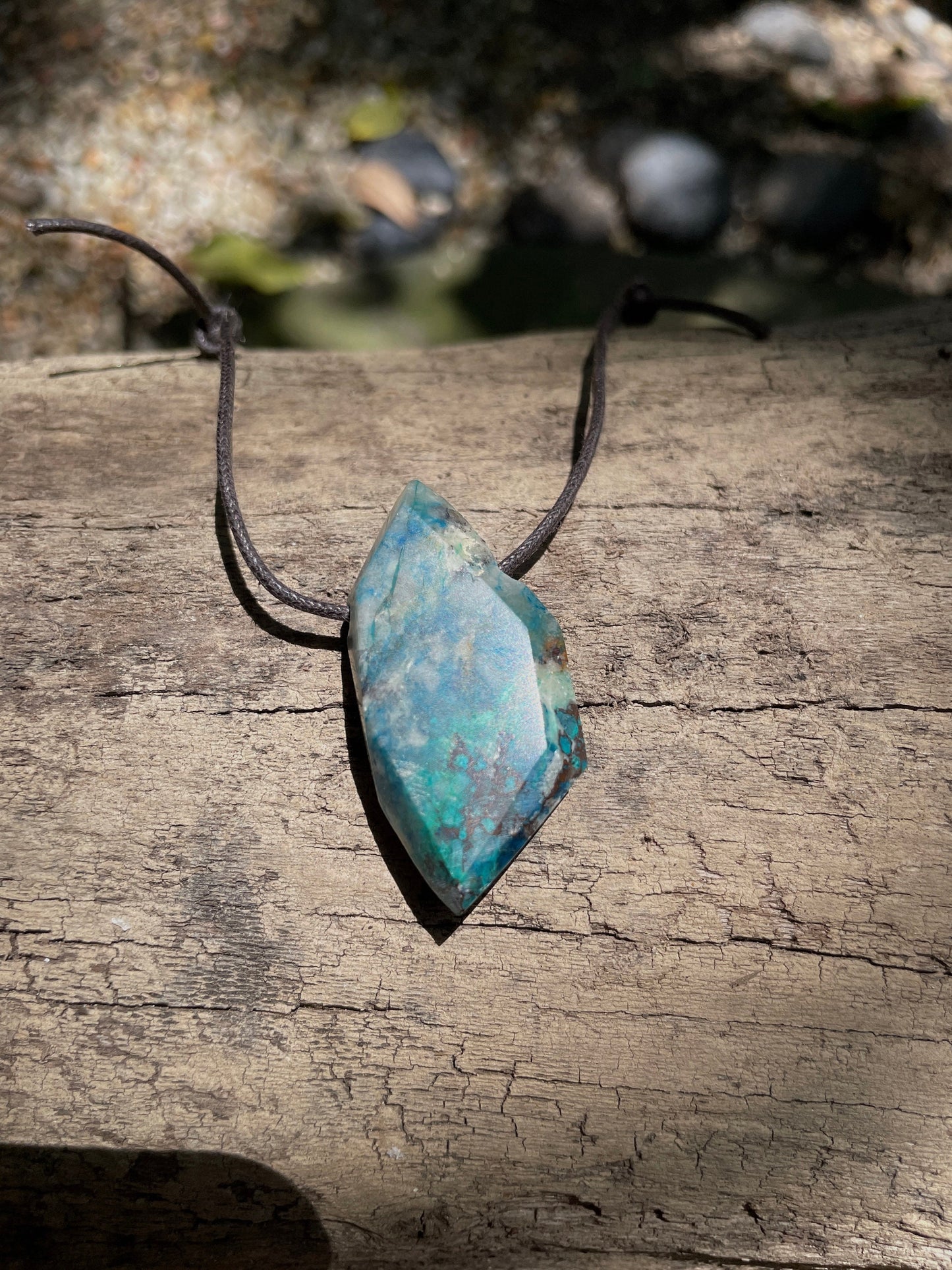 Polished and Drilled Blue Shattakite With Some Hematite, Malachite, and Chrysocolla 42mm" long Pendant/Necklace From Shaba Zaire