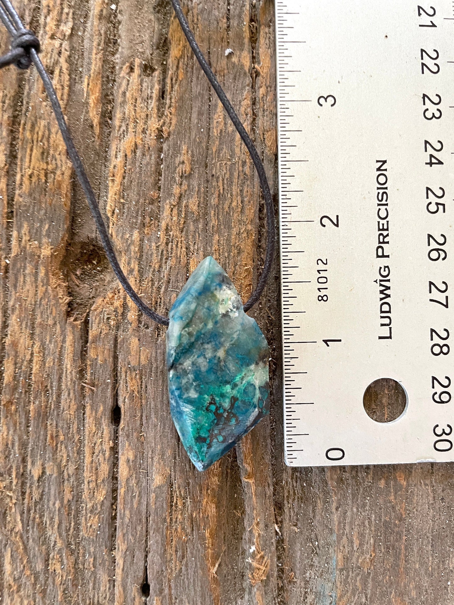 Polished and Drilled Blue Shattakite With Some Hematite, Malachite, and Chrysocolla 42mm" long Pendant/Necklace From Shaba Zaire