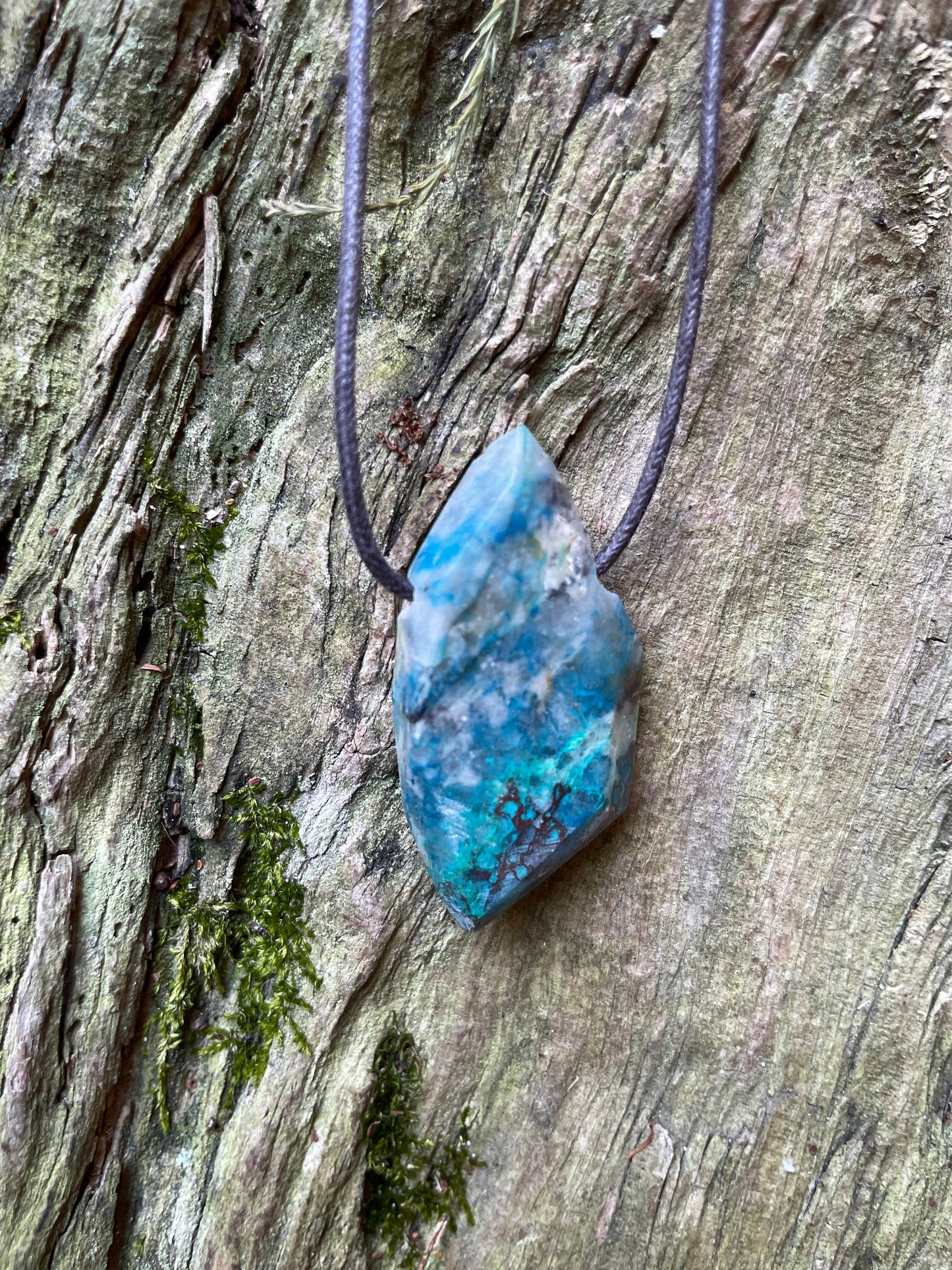 Polished and Drilled Blue Shattakite With Some Hematite, Malachite, and Chrysocolla 42mm" long Pendant/Necklace From Shaba Zaire