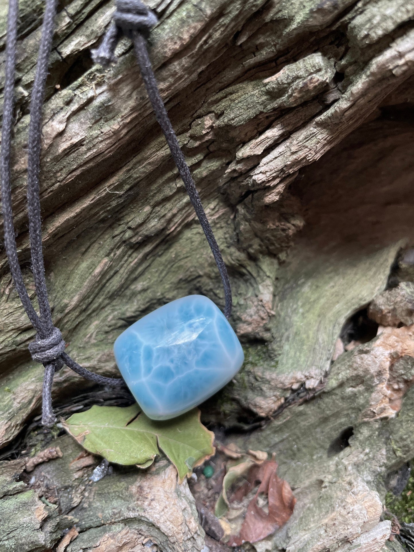 Polished and Hand Drilled Larimar Barrel Pendant Necklace 23.8mm wide From The Dominican Republic