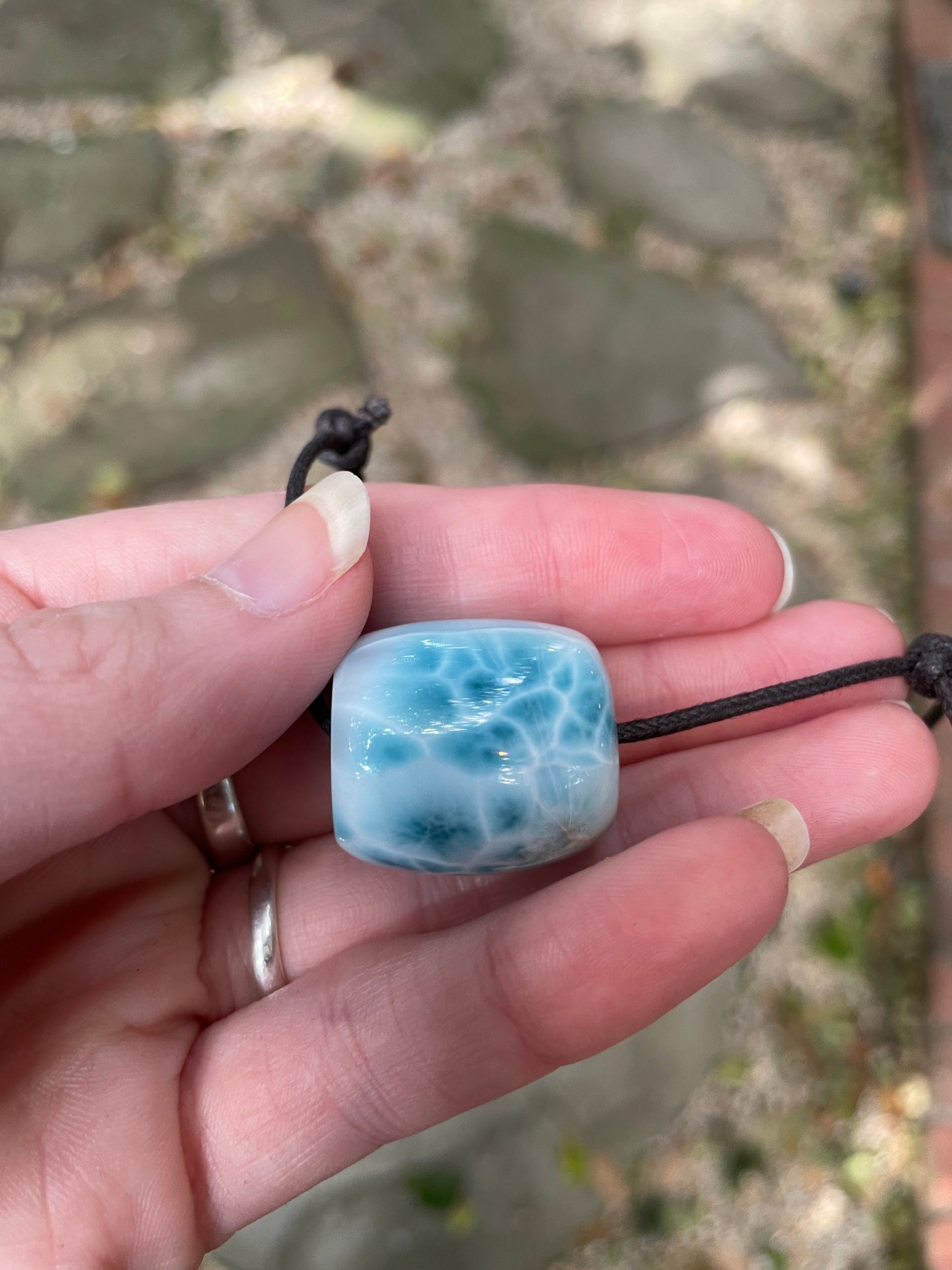 Polished and Hand Drilled Larimar Barrel Pendant Necklace 23.8mm wide From The Dominican Republic