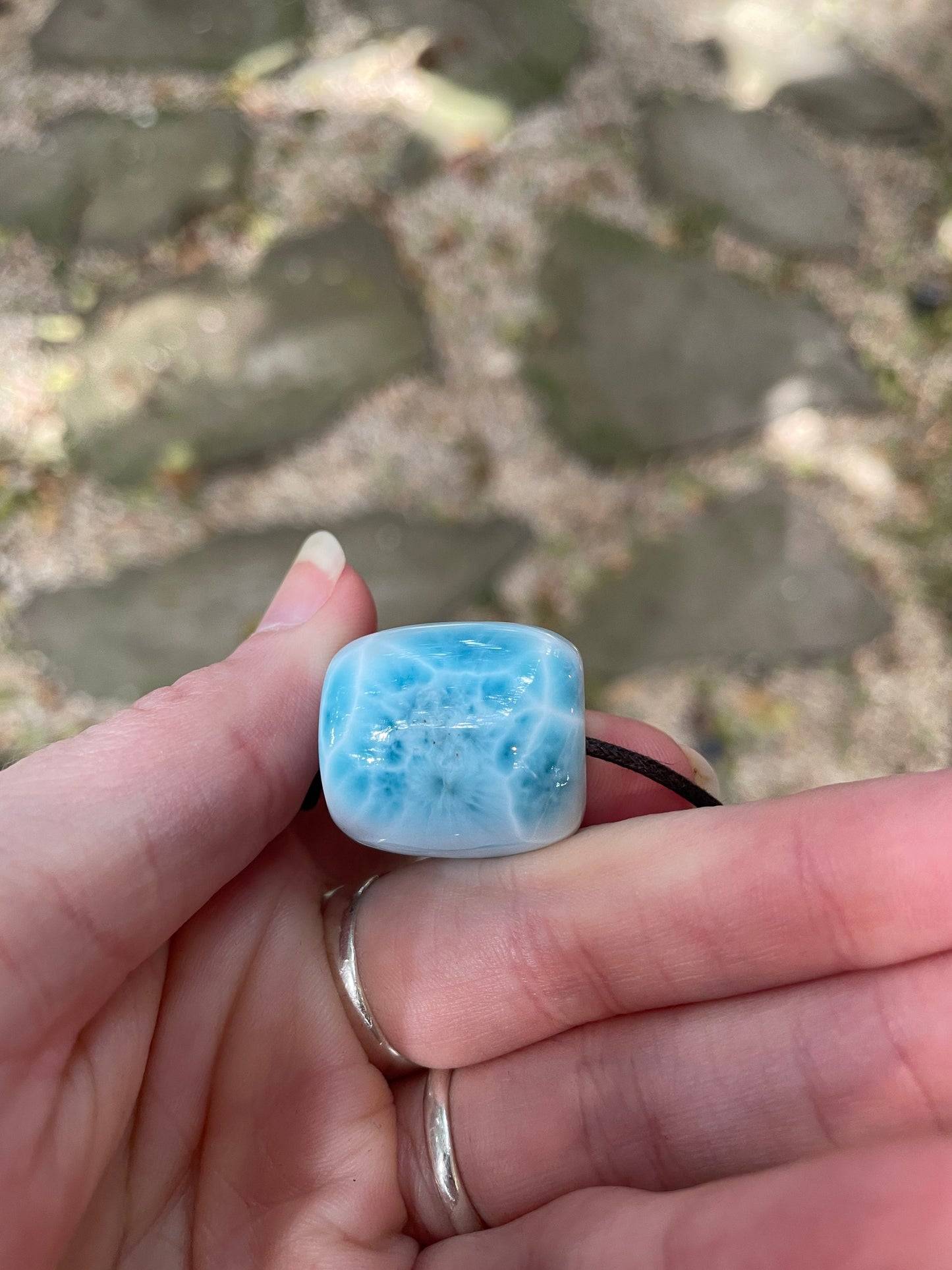 Polished and Hand Drilled Larimar Barrel Pendant Necklace 23.8mm wide From The Dominican Republic