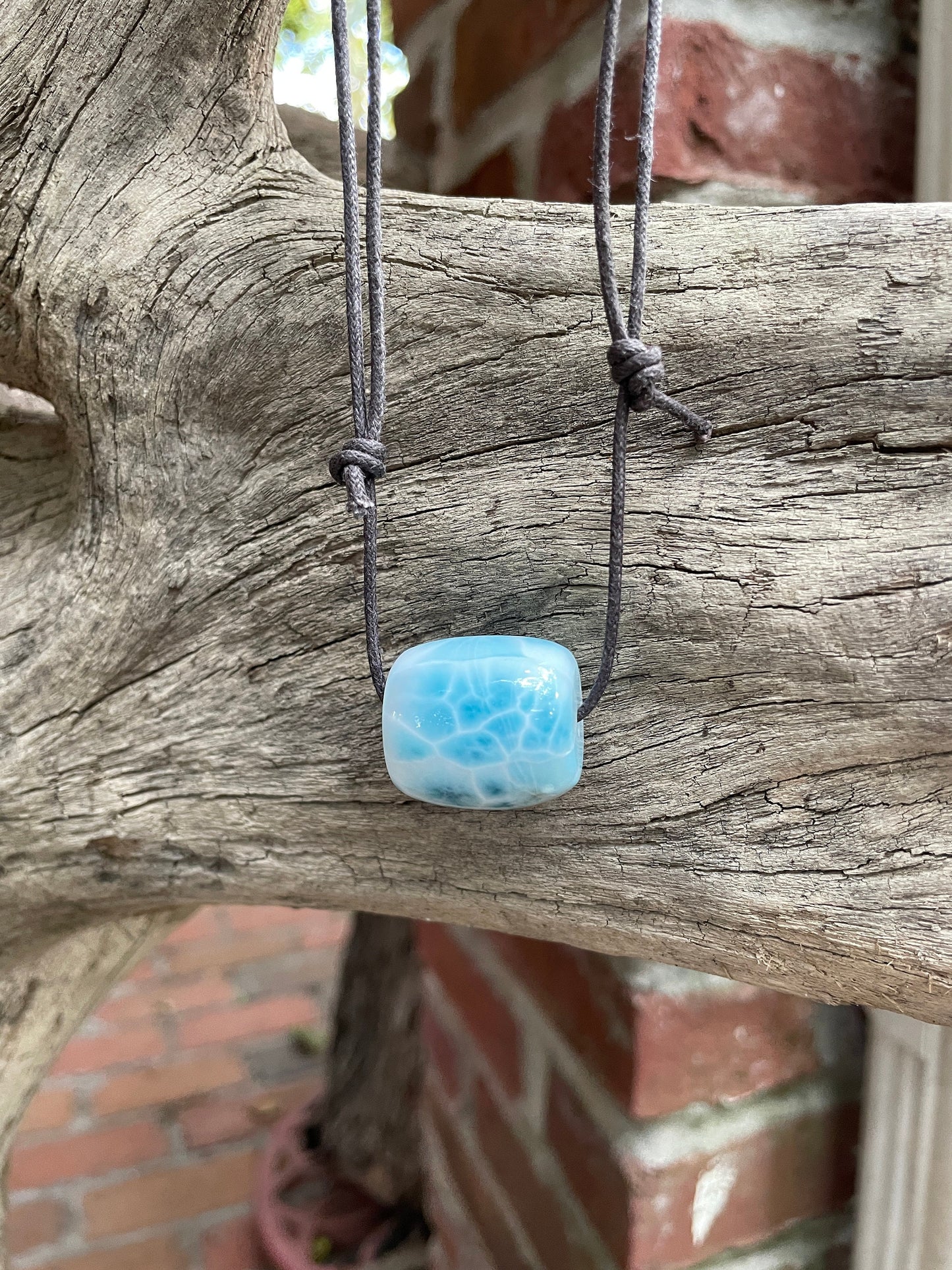 Polished and Hand Drilled Larimar Barrel Pendant Necklace 23.8mm wide From The Dominican Republic