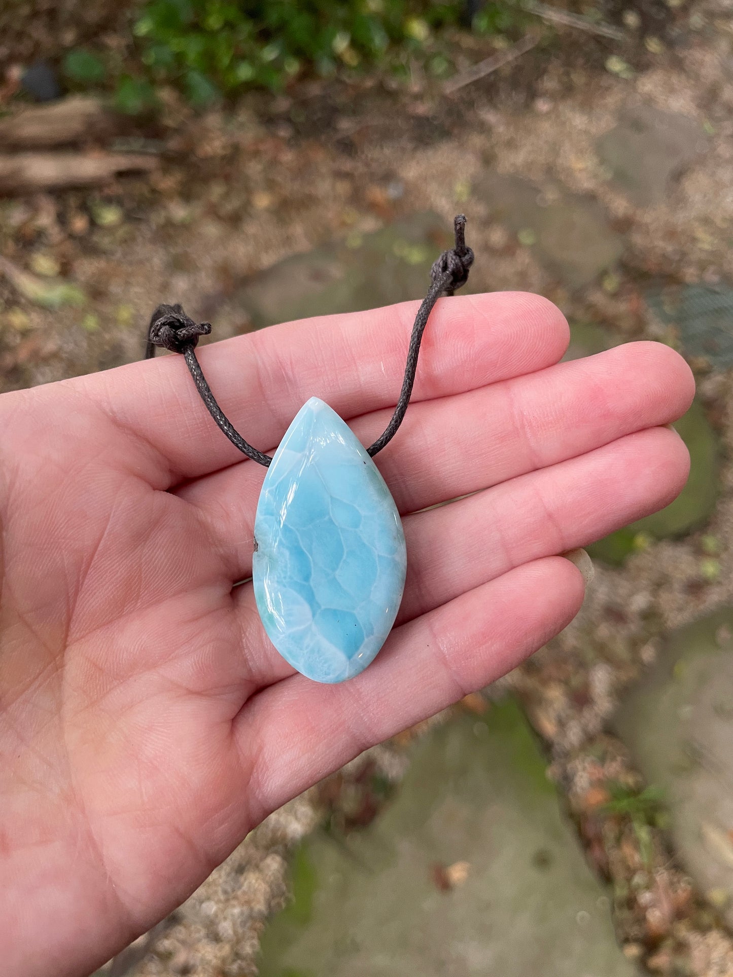 Polished and Hand Drilled Larimar Pendant Necklace 41mm 13.2g From The Dominical Republic