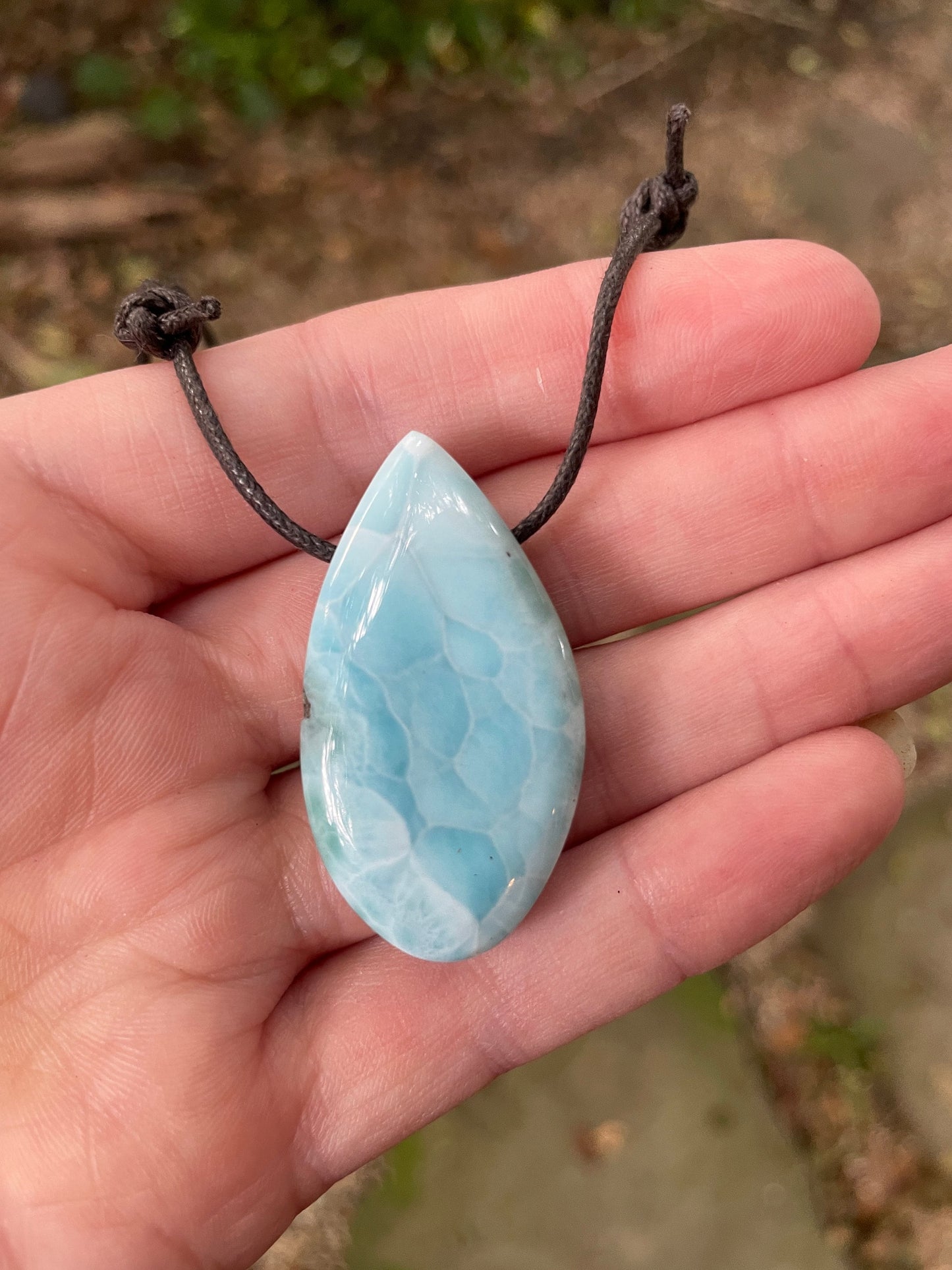 Polished and Hand Drilled Larimar Pendant Necklace 41mm 13.2g From The Dominical Republic