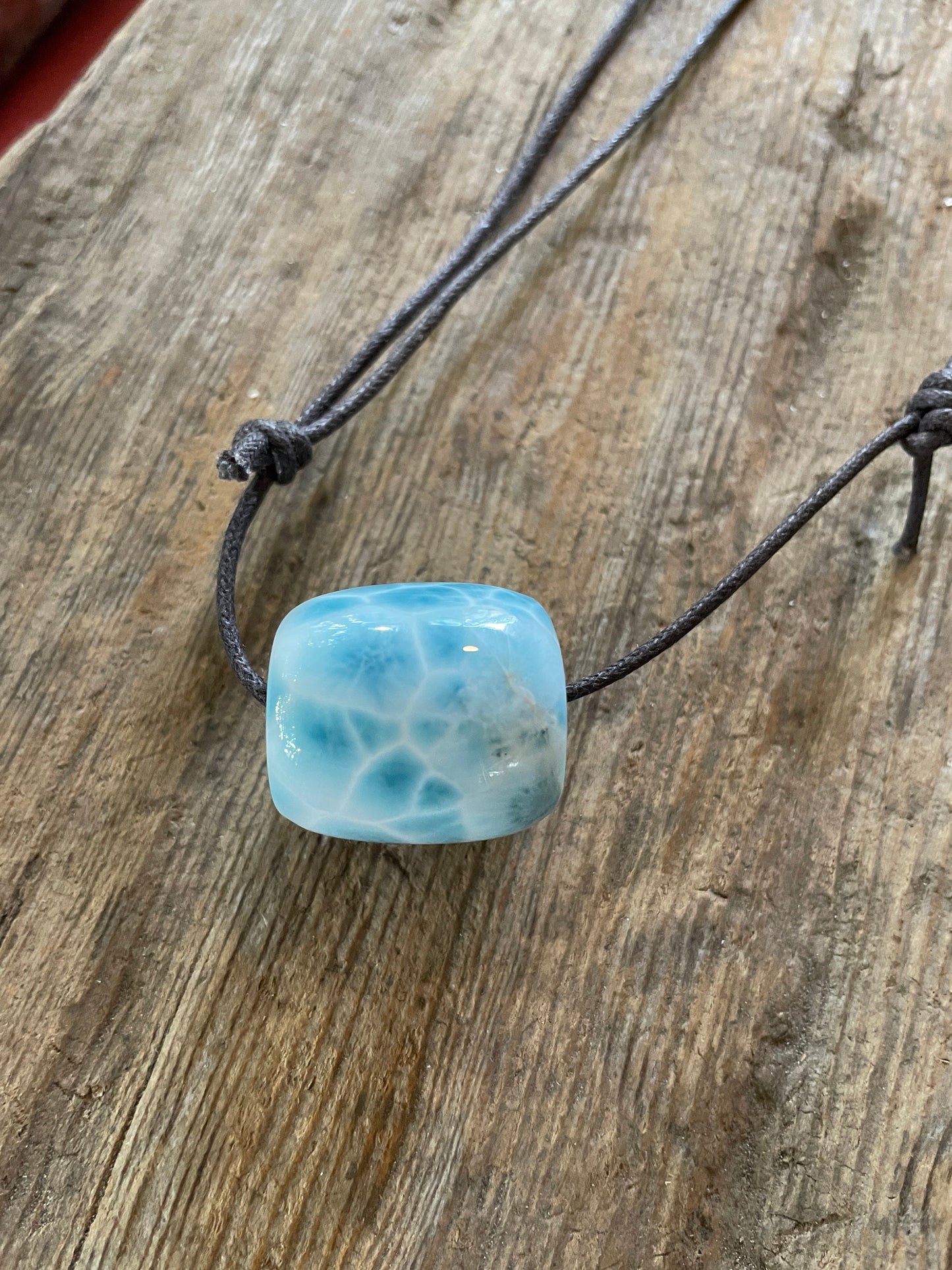 Polished and Hand Drilled Larimar Barrel Pendant Necklace 23.8mm wide From The Dominican Republic