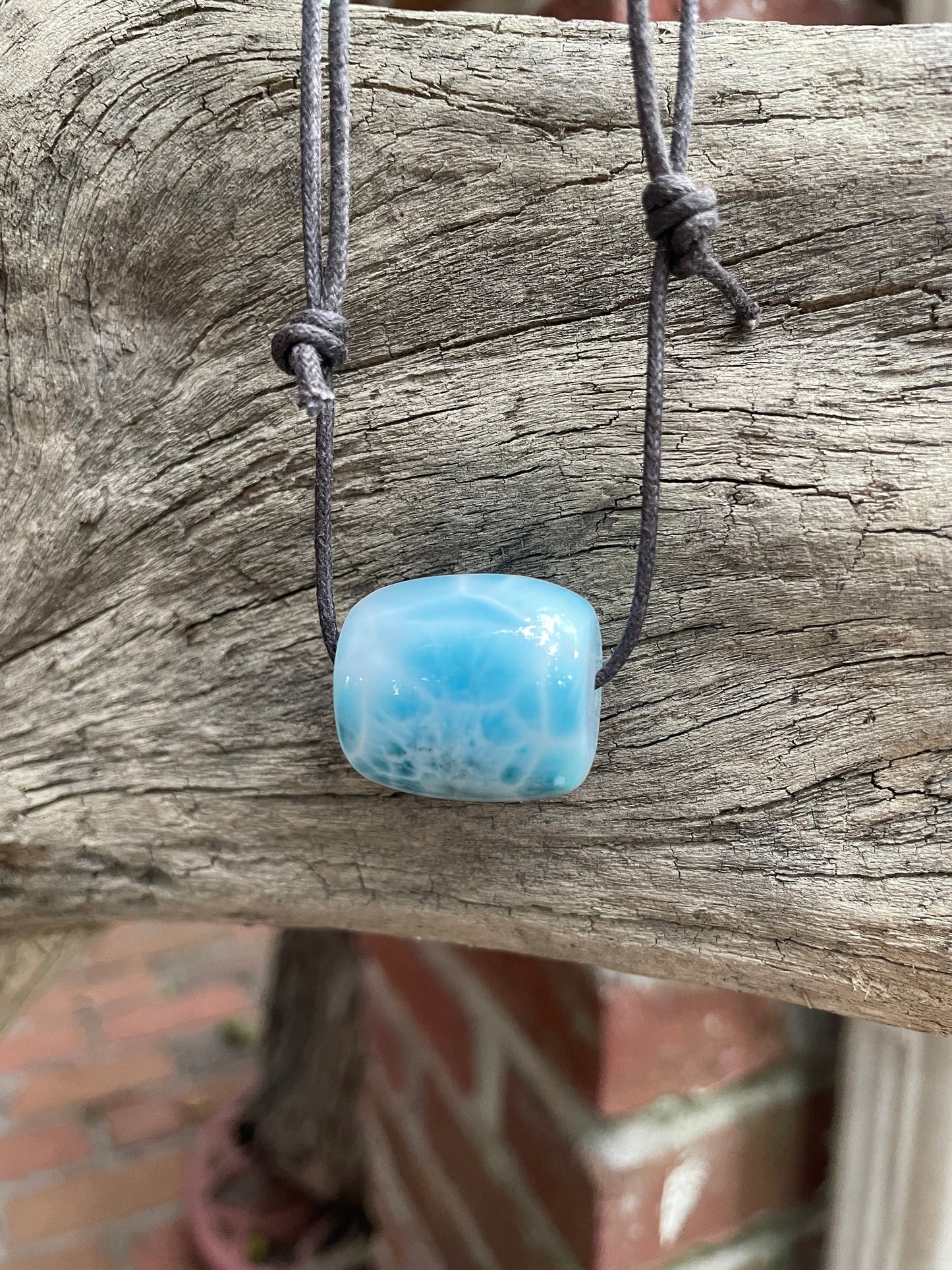 Polished and Hand Drilled Larimar Barrel Pendant Necklace 23.8mm wide From The Dominican Republic