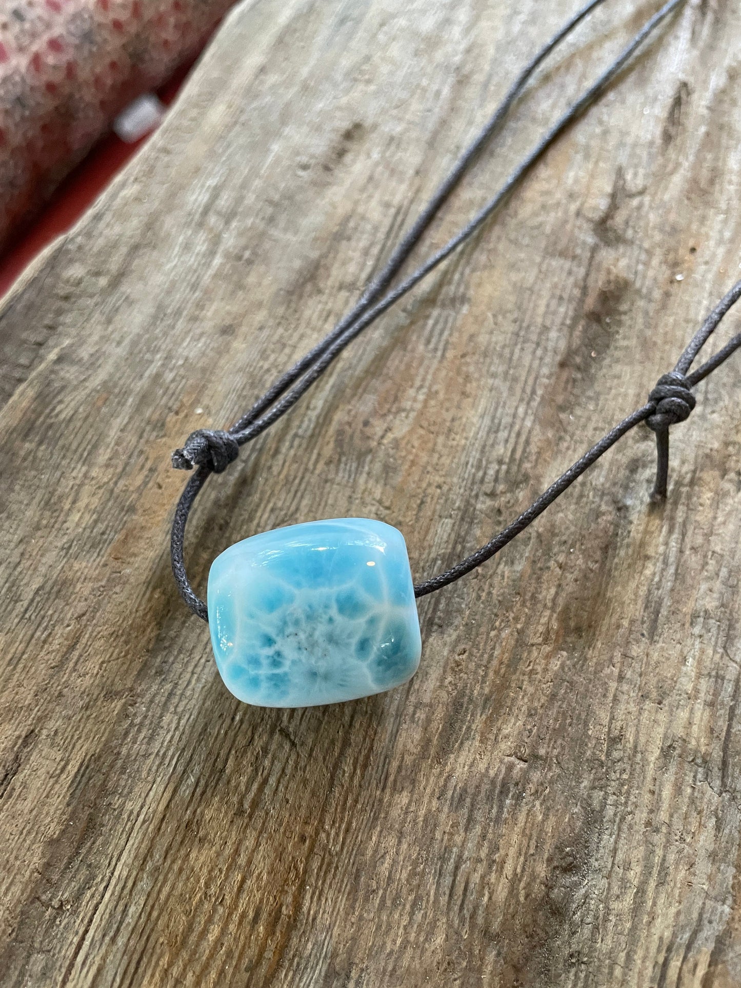 Polished and Hand Drilled Larimar Barrel Pendant Necklace 23.8mm wide From The Dominican Republic