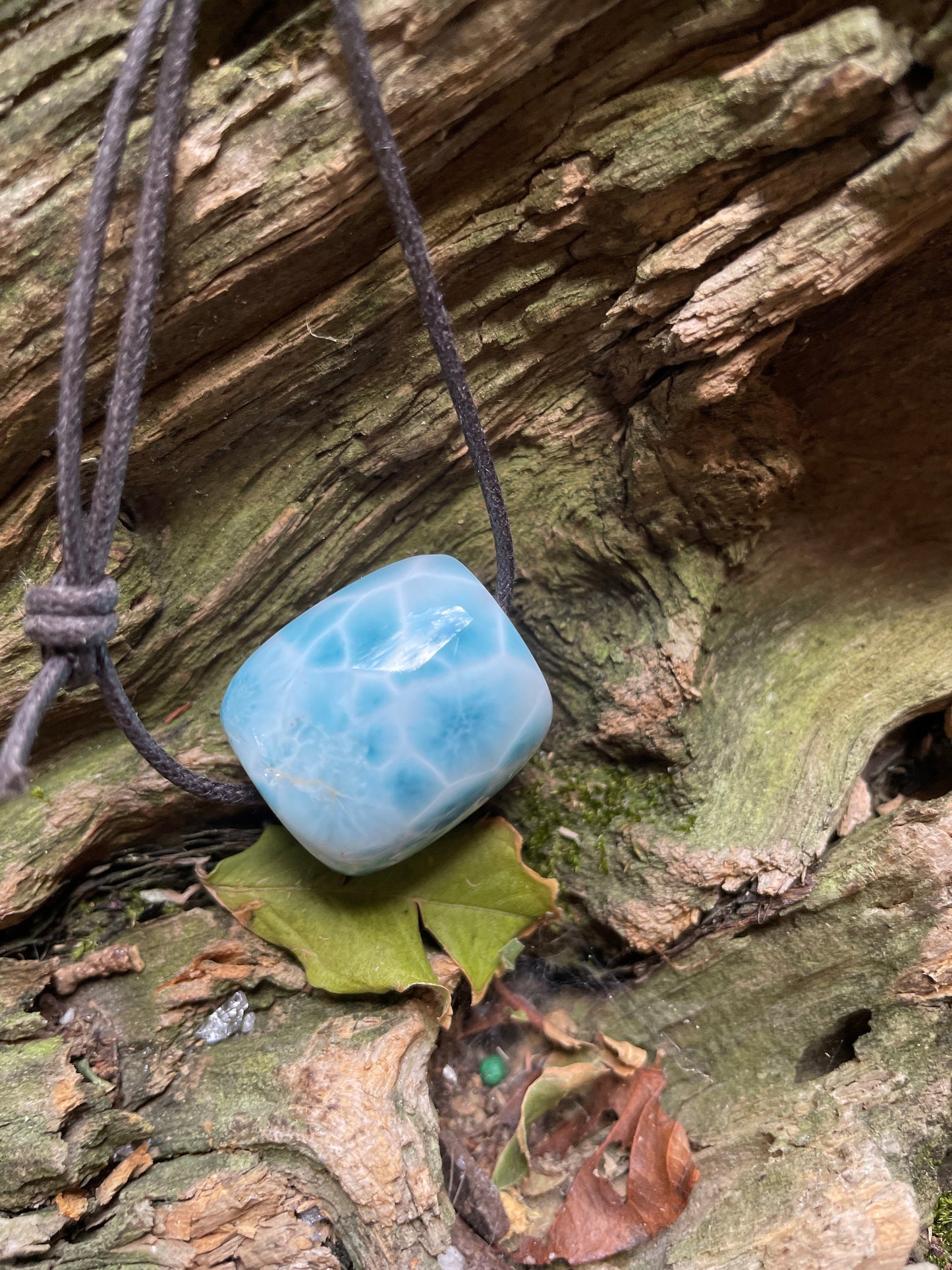 Polished and Hand Drilled Larimar Barrel Pendant Necklace 23.8mm wide From The Dominican Republic