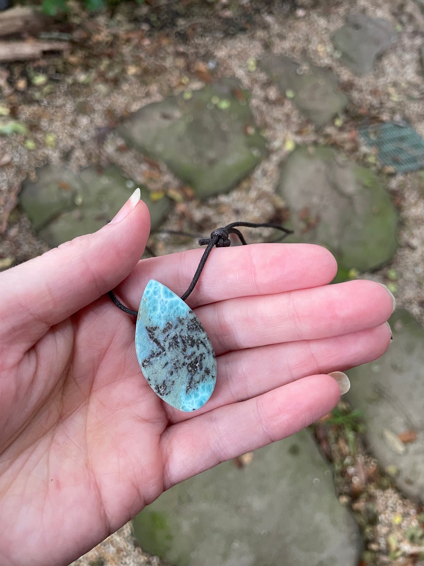 Polished and Hand Drilled Larimar Pendant Necklace 41mm 13.2g From The Dominical Republic