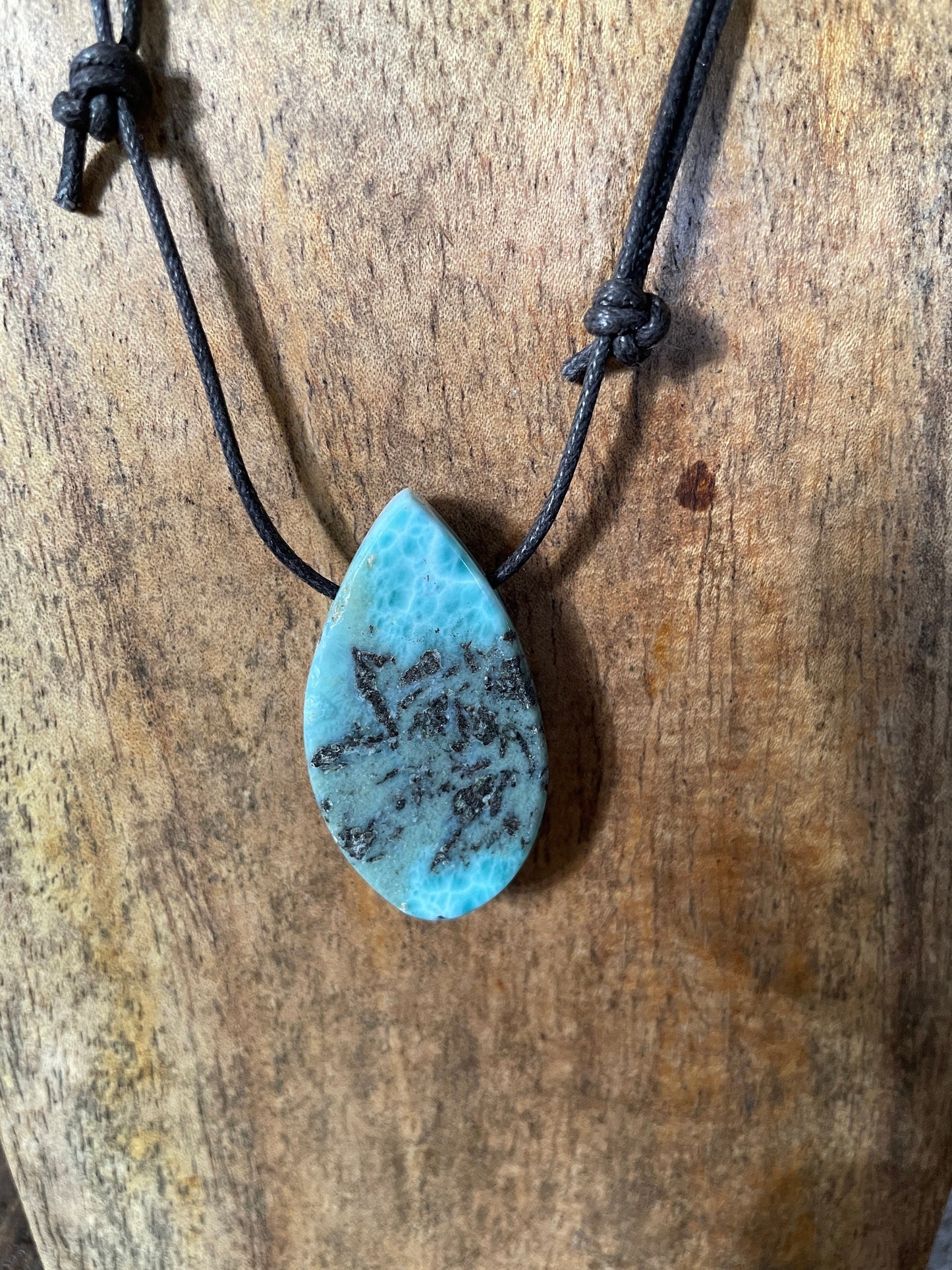 Polished and Hand Drilled Larimar Pendant Necklace 41mm 13.2g From The Dominical Republic