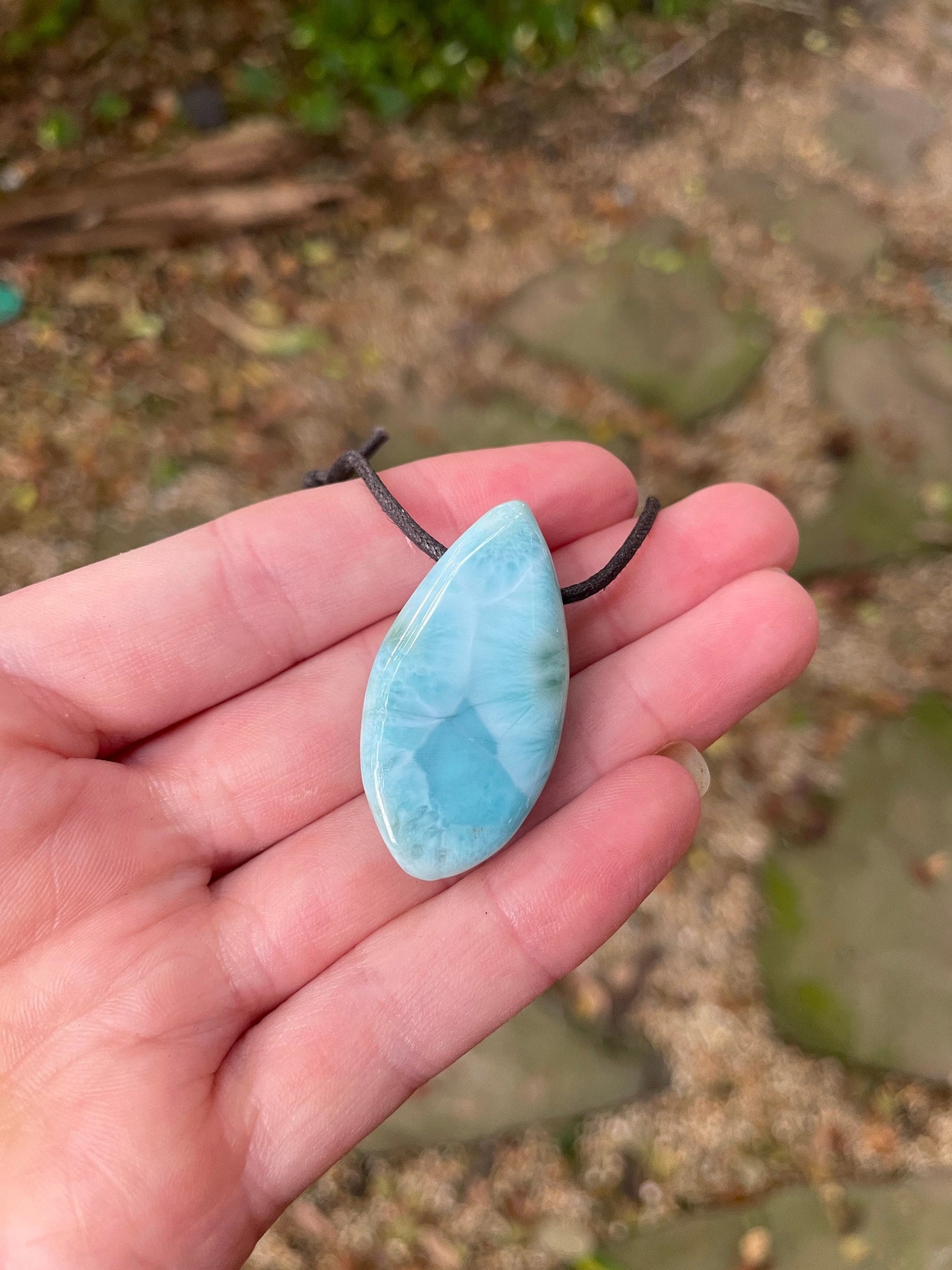 Polished and Hand Drilled Larimar Pendant Necklace 37.7mm long  13.2g From The Dominical Republic