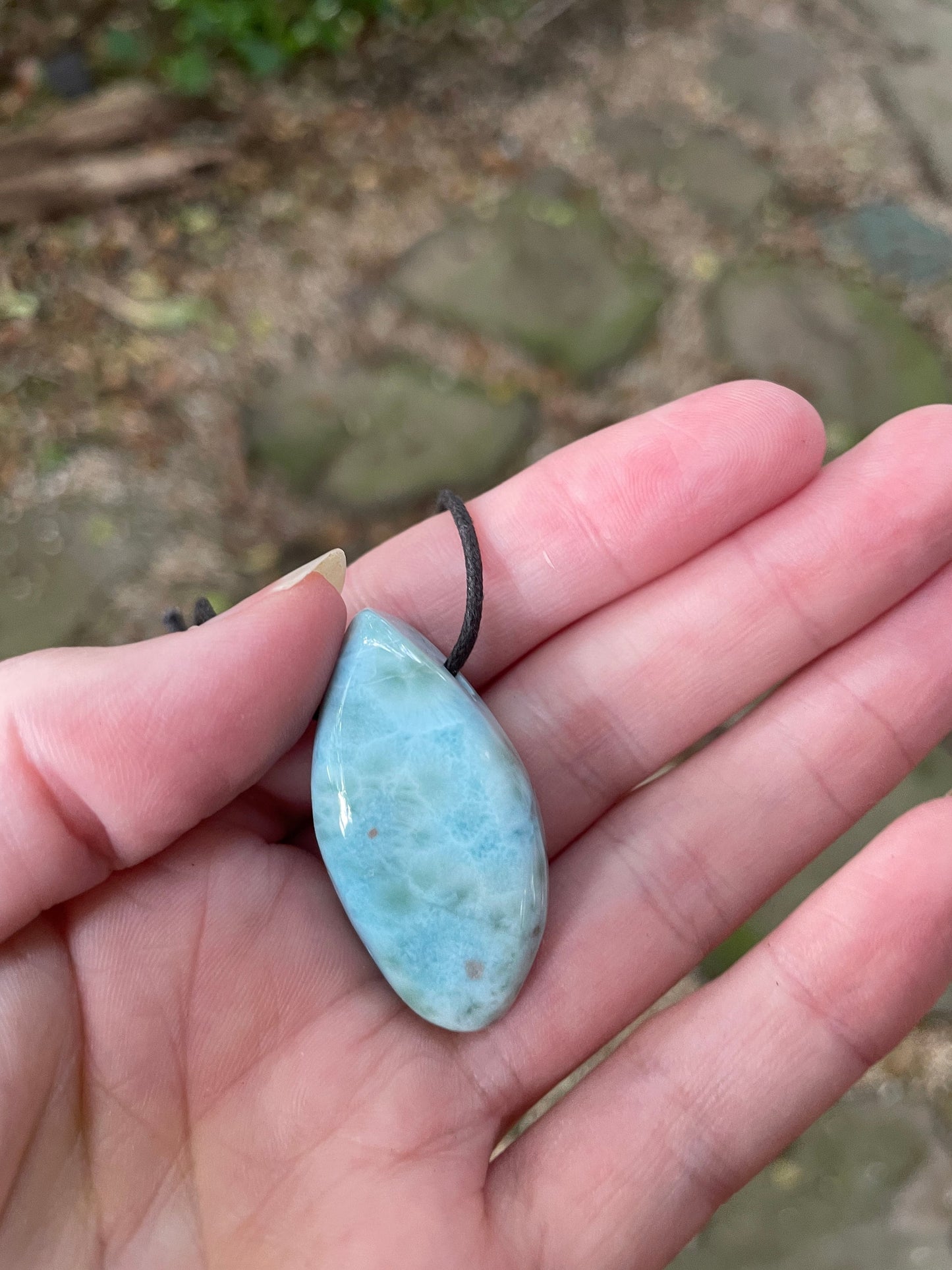 Polished and Hand Drilled Larimar Pendant Necklace 37.7mm long  13.2g From The Dominical Republic